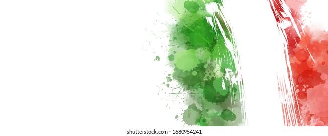 Abstract watercolor paint splashes in Italy flag colors. Grunge conceptual horizontal banner with abstract dots decoration.