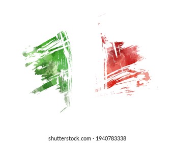 Abstract watercolor paint splashes in Italy flag colors. Brushed flag of Italy.