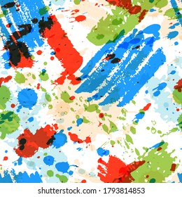 Abstract watercolor paint splashes vector seamless pattern. Colorful art ink texture background. Hand drawn summer fabric design, wrapping paper, trendy fashion textile print