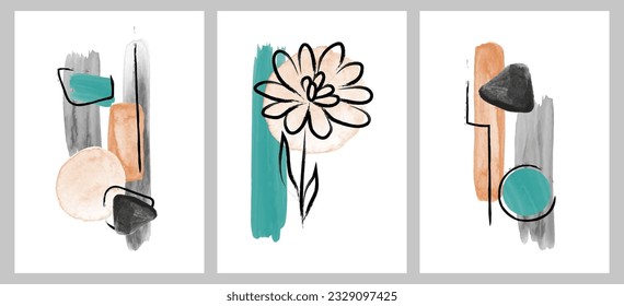 Abstract watercolor painting. Brush strokes and lines, pastel colors on a white background. A set of modern wall art prints. Vector illustration for interior, postcards, wallpaper, tee print.