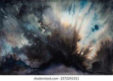 Abstract watercolor painting, dark blue tones, dramatic light effects, artistic expression, textured background, serene atmosphere.