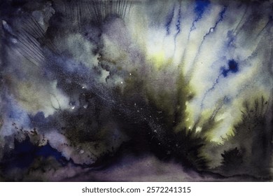 Abstract watercolor painting, dark clouds, vibrant colors, dramatic atmosphere, artistic expression, moody landscape.