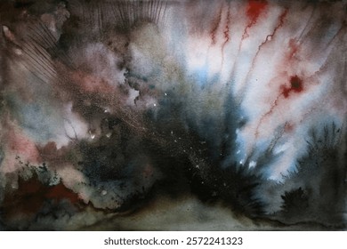 Abstract watercolor painting, dark hues, vibrant splashes, cosmic explosion, artistic expression, dramatic background, textured layers.