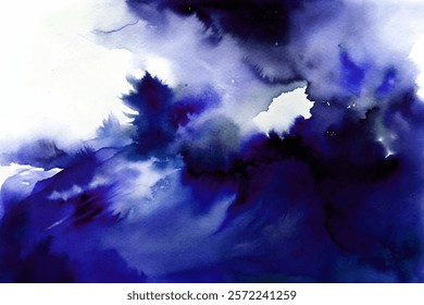 Abstract watercolor painting, deep blue tones, fluid brush strokes, artistic expression, modern decor, calming atmosphere.