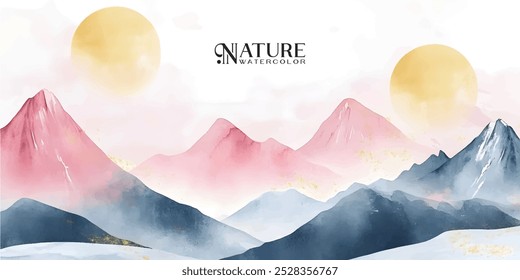Uma pintura em aquarela abstrata representando uma cordilheira com dois sóis amarelos no céu.