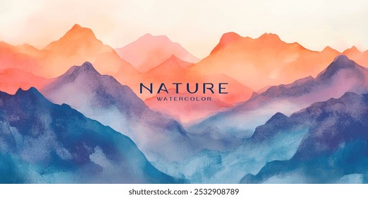 An abstract watercolor painting depicting a mountain range at sunset.