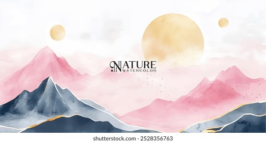 An abstract watercolor painting depicting mountains, circles, and gold details on a white background.