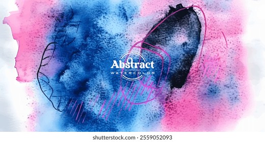 An abstract watercolor painting features a blend of pink and blue hues with dynamic brushstrokes and lines creating a visually striking and expressive artwork.