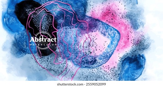 An abstract watercolor painting features blue pink and black hues with organic lines and shapes creating a dynamic visual effect.