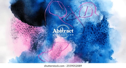 An abstract watercolor painting featuring dynamic blue and pink hues with textured brush strokes and organic shapes.