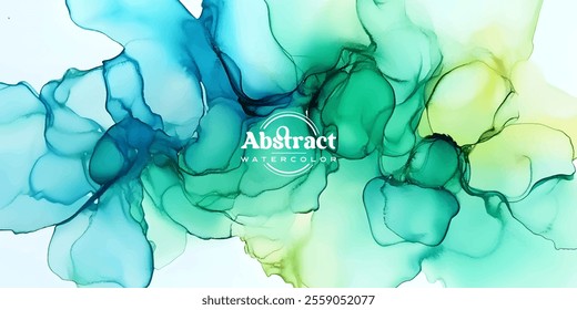 An abstract watercolor painting featuring flowing blue and green swirls creating a dynamic and serene visual effect.