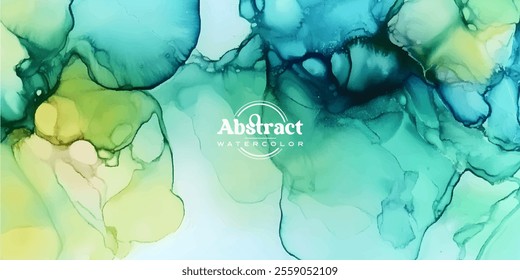 An abstract watercolor painting featuring flowing green and blue swirls creating a serene and calming visual effect.