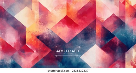 An abstract watercolor painting featuring geometric shapes in a vibrant color palette, creating a visually dynamic background.