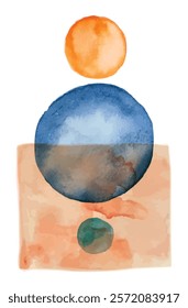 Abstract watercolor painting featuring orange, blue and green circles on textured background, creating a modern and artistic composition with a touch of elegance