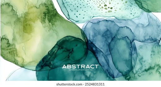 Abstract watercolor painting featuring organic shapes in shades of green and blue.