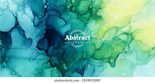 An abstract watercolor painting featuring swirling teal and green hues creating a fluid and dynamic visual effect.