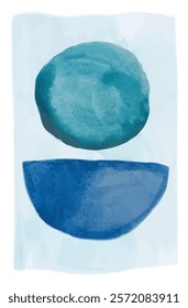 Abstract watercolor painting featuring a turquoise circle and a dark blue semicircle on a light blue background, creating a simple yet evocative composition