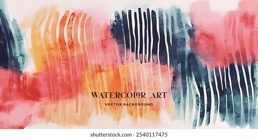 An abstract watercolor painting featuring vertical stripes in hues of blue, red, orange, and yellow.