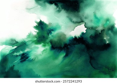 Abstract watercolor painting, green hues, fluid brush strokes, artistic texture, calming background, nature-inspired design.