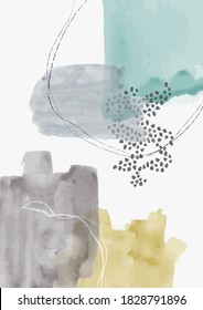 Abstract Watercolor Painting with Line Art Doodles - Hand Drawn Colorful Illustration Vector - Watercolor Canvas Poster