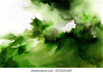 Abstract watercolor painting, lush green tones, soft brush strokes, organic shapes, nature-inspired art, calming background.