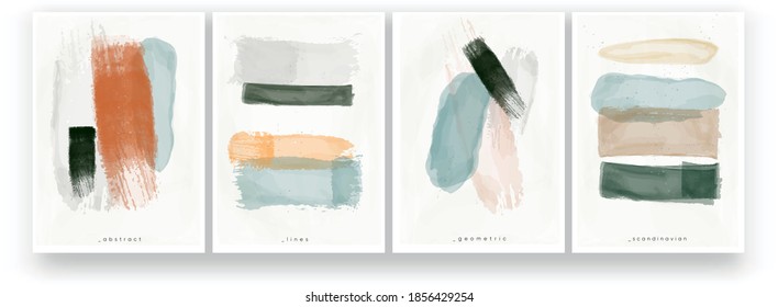 Abstract watercolor painting. Minimalistic style, pastel colors, Scandinavian style. Brush strokes and lines drawn with a brush. A set of vector illustrations. 