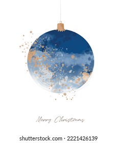 Abstract Watercolor Painting Style Vector Illustartion with Big Bauble.Blue Hand Drawn Bauble with Golden Splatter on a White Background. Elegant Winter Holidays Print ideal for Card, Wall Art,Poster.