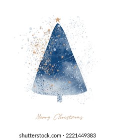 Abstract Watercolor Painting Style Vector Illustartion with Big Tree.Blue Christmas Tree Hand Drawn with Golden Splatter on a White Background. Elegant Winter Holidays Print ideal for Card, Greetings.