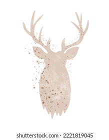 Resumen de la ilustración vectorial de la pintura de color de agua con la cabeza de ciervo. Lluvia de mano beige con grandes ángeles en un fondo blanco. Elegante Impresión de Woodland ideal para tarjeta, arte de pared, afiche.