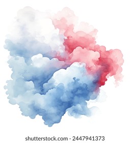 Abstract watercolor painting of swirling blue and red smoke on white background. Vector textured background with cloud of paint or ink for design