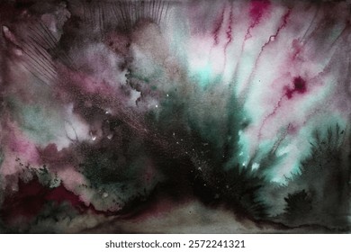 Abstract watercolor painting, vibrant color explosion, dark background, artistic expression, cosmic theme, textured layers, modern art.