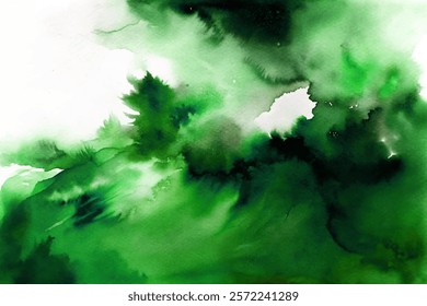 Abstract watercolor painting, vibrant green hues, fluid brush strokes, artistic texture, nature-inspired design.