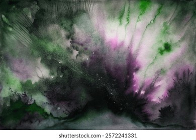 Abstract watercolor painting, vibrant green hues, dramatic splashes, artistic expression, modern decor, nature-inspired design.