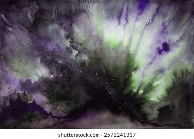 Abstract watercolor painting, vibrant purple hues, green splashes, artistic expression, textured background, modern art style.
