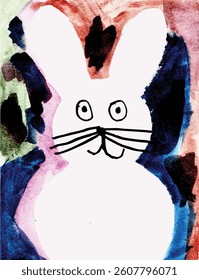 Abstract watercolor painting of a white rabbit with minimalist features and dark background