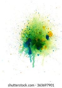 Abstract  watercolor palette of blue, yellow, green and red colors, mix color, background, a mixture of colors, stains with a spray of water colors, the author's work.