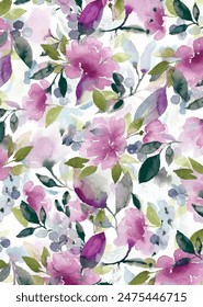 Abstract watercolor pastel colored flowers and leaves pattern