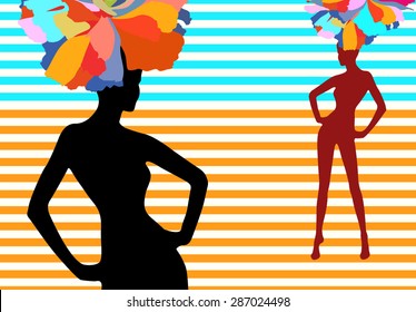 Abstract watercolor pattern Silhouette of a woman in a floral hat on a striped background, fashion, art, trendy stylish texture