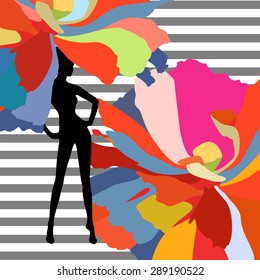 Abstract watercolor pattern  Silhouette of a woman in a floral hat on a striped background, fashion, art, trendy, stylish color,  stylish texture