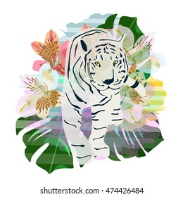 Abstract watercolor pattern tiger, floral colorful floral background with striped spots green leaves, vector color print design textile, fashion cool style for summer, draw animals
Isolated on white