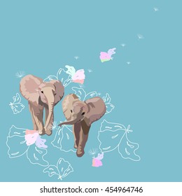 Abstract watercolor pattern Two funny little babies elephants (boy girl) in floral background ( blue and pink) , vector color print design, greeting card, draw animals