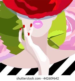 Abstract watercolor pattern woman model  in hat red Rose, floral  background, striped dress (black and white), fashion art, texture spring summer, beauty. Color vector prints, Makeup, pink lipstick