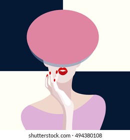 Abstract watercolor pattern woman model  in hat red  and dress, background black and white, fashion art, emblem beauty. Color vector prints, girl and Makeup, logo shop