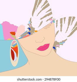 Abstract watercolor pattern women (model) in a pink hat with butterflies and flowers and earrings on a blue background. Beauty and Fashion,  jewelry, bride, trendy stylish texture