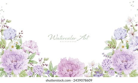 Abstract watercolor peony flowers and leaves background. Nature banner art background design. suitable for wedding design, card, header, web, or wall decoration.