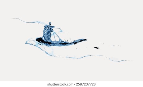 Abstract watercolor of a person kayaking. Blue tones create a fluid, dynamic scene. Kayaking, water, and movement are key elements in this artistic piece. Vintage Japanese illustration vector.