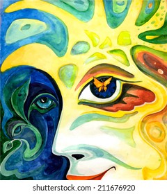 Abstract watercolor portrait with butterfly in her eyes