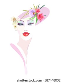 Abstract watercolor portrait girl, floral hat pink , red lipstick, eye shadow, beauty logo, fashion, women shop, trendy stylish texture spring summer,  color vector prints makeup