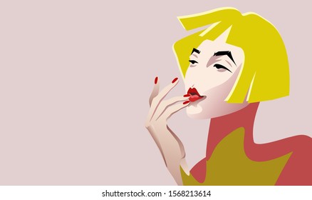 Abstract watercolor portrait girl model, fashion art, beauty. Color vector prints, design Makeup, isolated on pink background for text, women and hand with red manicure, ruby lips