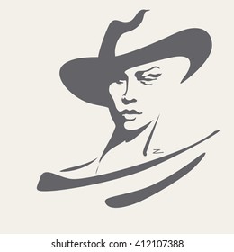 Abstract watercolor portrait of a girl (model) in a hat and striped dress, fashion logo, shopping